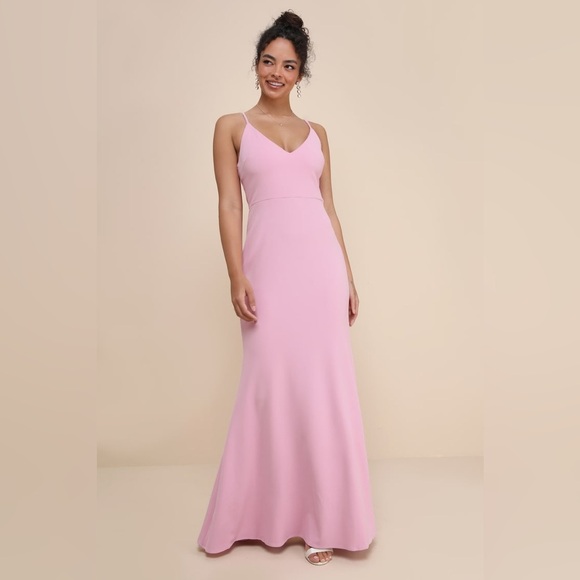 Lulu's Pink Asymmetrical Spaghetti Strap Gown - Picture 1 of 6